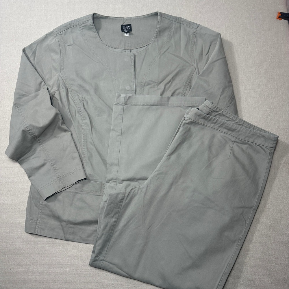 Eileen Fisher Pant Suit Womens 1X Gray Stretch Cotton 2 Piece Set